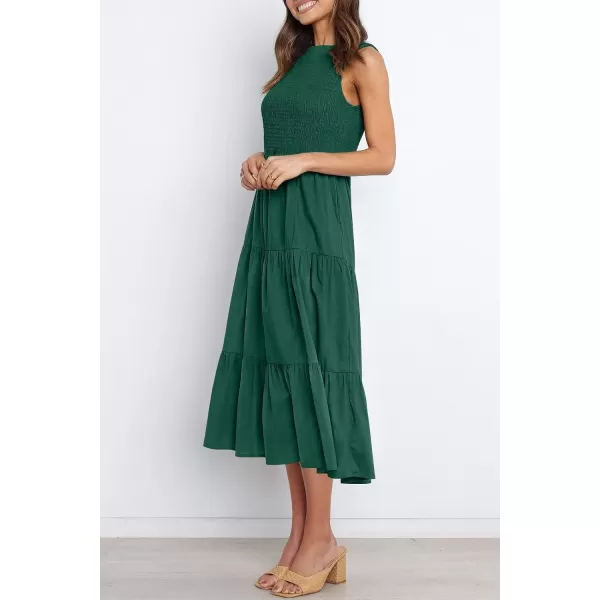 imageZESICA Womens 2024 Summer Casual Sleeveless Crew Neck Smocked High Waist Flowy Tiered A Line Midi DressForestgreen