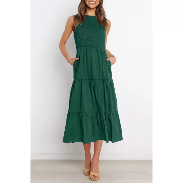 imageZESICA Womens 2024 Summer Casual Sleeveless Crew Neck Smocked High Waist Flowy Tiered A Line Midi DressForestgreen