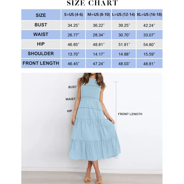 imageZESICA Womens 2024 Summer Casual Sleeveless Crew Neck Smocked High Waist Flowy Tiered A Line Midi DressLightblue