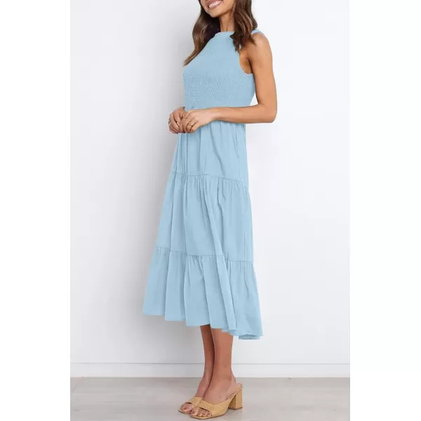 imageZESICA Womens 2024 Summer Casual Sleeveless Crew Neck Smocked High Waist Flowy Tiered A Line Midi DressLightblue