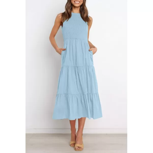 imageZESICA Womens 2024 Summer Casual Sleeveless Crew Neck Smocked High Waist Flowy Tiered A Line Midi DressLightblue