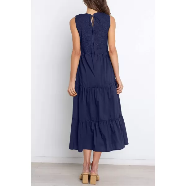 imageZESICA Womens 2024 Summer Casual Sleeveless Crew Neck Smocked High Waist Flowy Tiered A Line Midi DressNavy