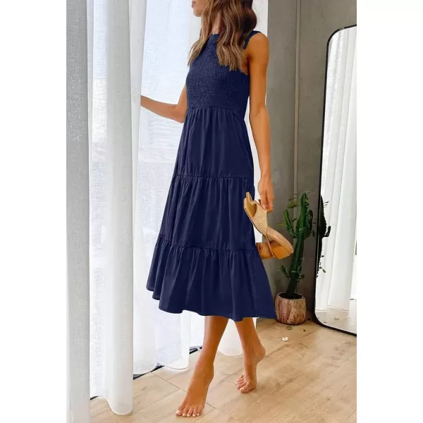 imageZESICA Womens 2024 Summer Casual Sleeveless Crew Neck Smocked High Waist Flowy Tiered A Line Midi DressNavy