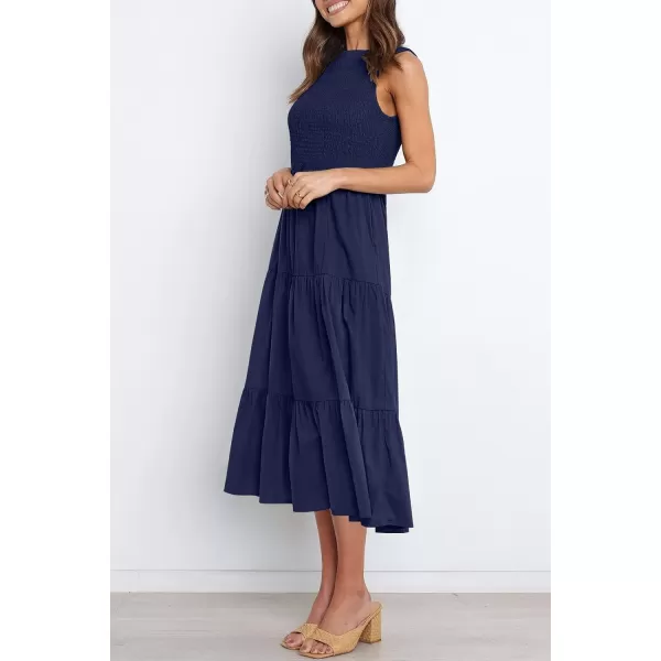 imageZESICA Womens 2024 Summer Casual Sleeveless Crew Neck Smocked High Waist Flowy Tiered A Line Midi DressNavy