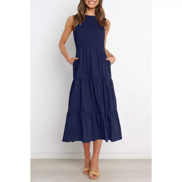 imageZESICA Womens 2024 Summer Casual Sleeveless Crew Neck Smocked High Waist Flowy Tiered A Line Midi DressNavy