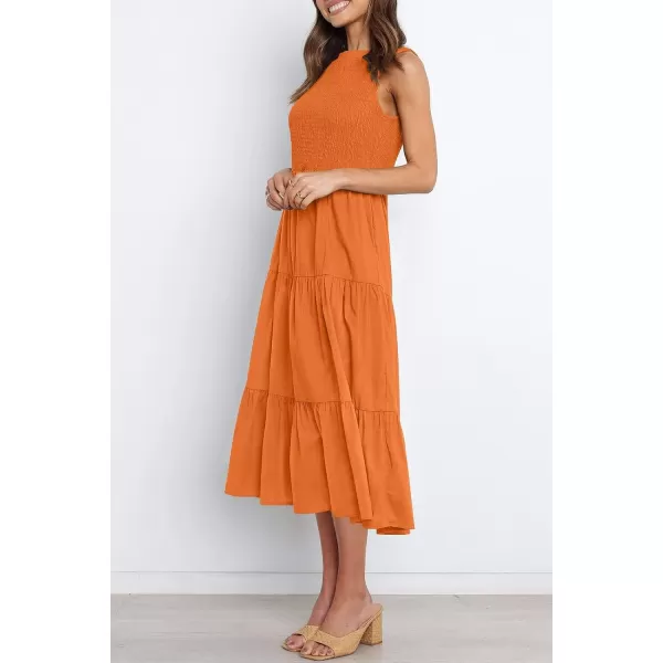 imageZESICA Womens 2024 Summer Casual Sleeveless Crew Neck Smocked High Waist Flowy Tiered A Line Midi DressOrange
