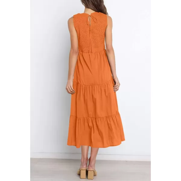 imageZESICA Womens 2024 Summer Casual Sleeveless Crew Neck Smocked High Waist Flowy Tiered A Line Midi DressOrange