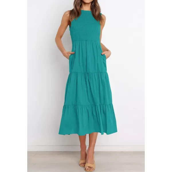 imageZESICA Womens 2024 Summer Casual Sleeveless Crew Neck Smocked High Waist Flowy Tiered A Line Midi DressPeacock