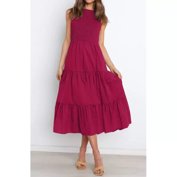 imageZESICA Womens 2024 Summer Casual Sleeveless Crew Neck Smocked High Waist Flowy Tiered A Line Midi DressPlum