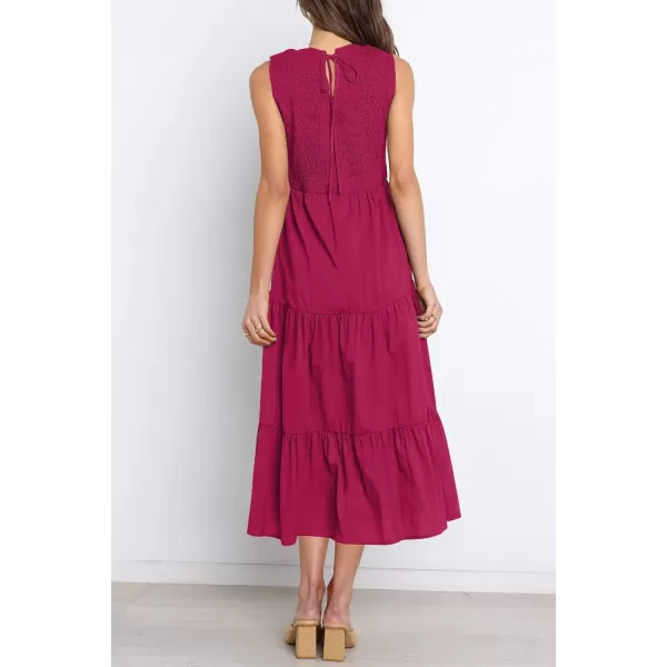 imageZESICA Womens 2024 Summer Casual Sleeveless Crew Neck Smocked High Waist Flowy Tiered A Line Midi DressPlum