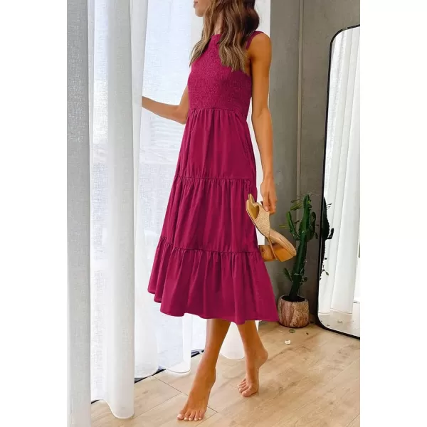 imageZESICA Womens 2024 Summer Casual Sleeveless Crew Neck Smocked High Waist Flowy Tiered A Line Midi DressPlum