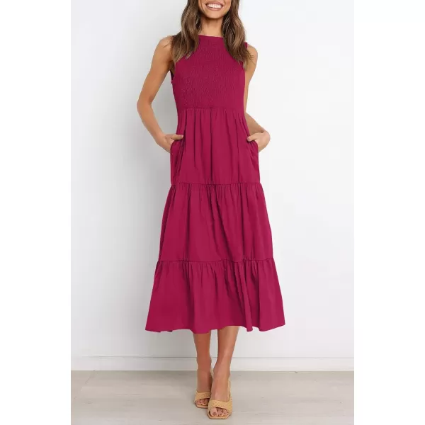 imageZESICA Womens 2024 Summer Casual Sleeveless Crew Neck Smocked High Waist Flowy Tiered A Line Midi DressPlum
