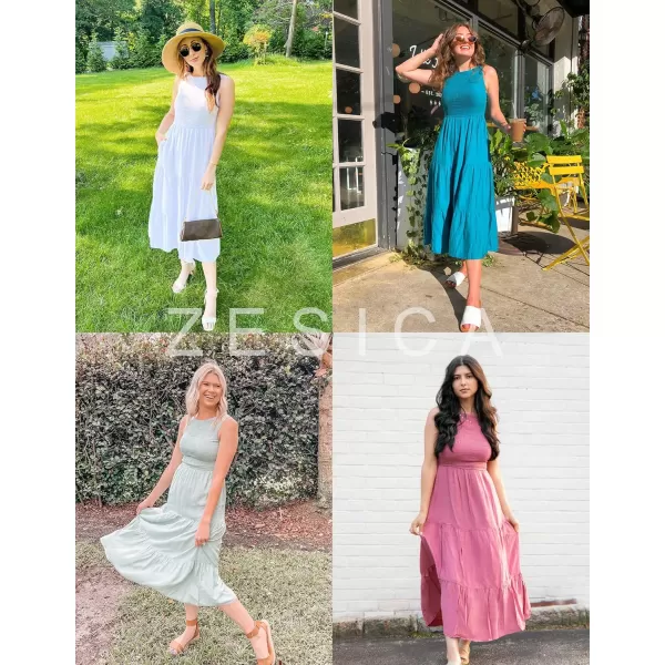 imageZESICA Womens 2024 Summer Casual Sleeveless Crew Neck Smocked High Waist Flowy Tiered A Line Midi DressPlum