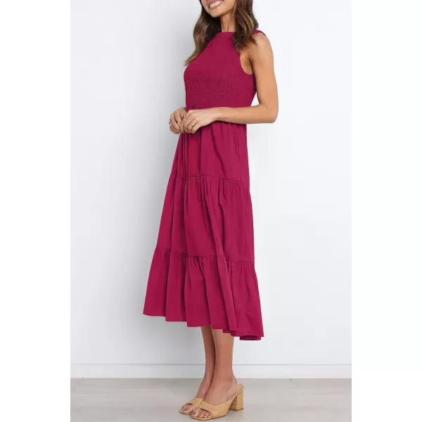 imageZESICA Womens 2024 Summer Casual Sleeveless Crew Neck Smocked High Waist Flowy Tiered A Line Midi DressPlum
