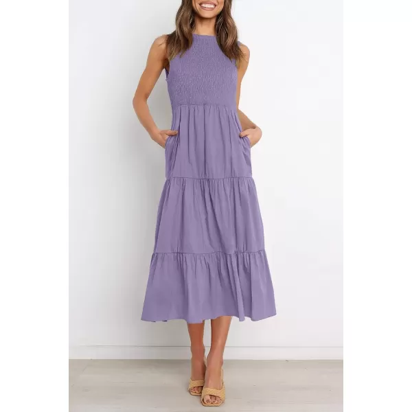 imageZESICA Womens 2024 Summer Casual Sleeveless Crew Neck Smocked High Waist Flowy Tiered A Line Midi DressPurple