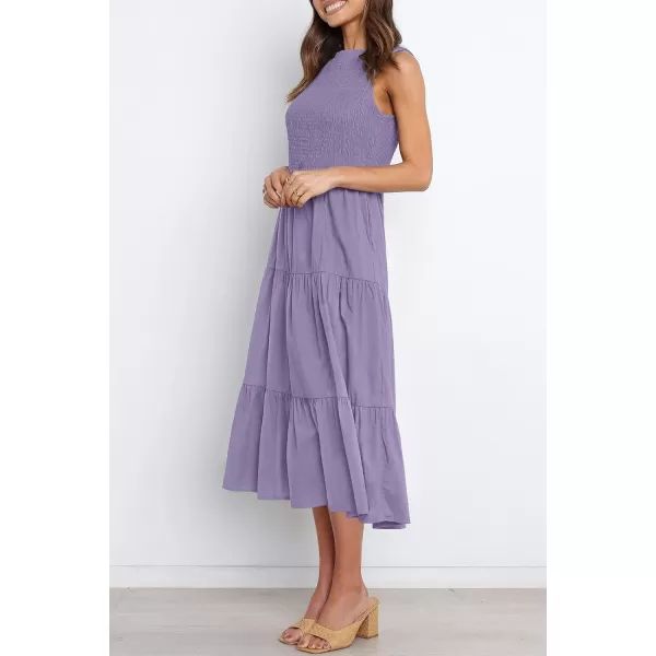 imageZESICA Womens 2024 Summer Casual Sleeveless Crew Neck Smocked High Waist Flowy Tiered A Line Midi DressPurple