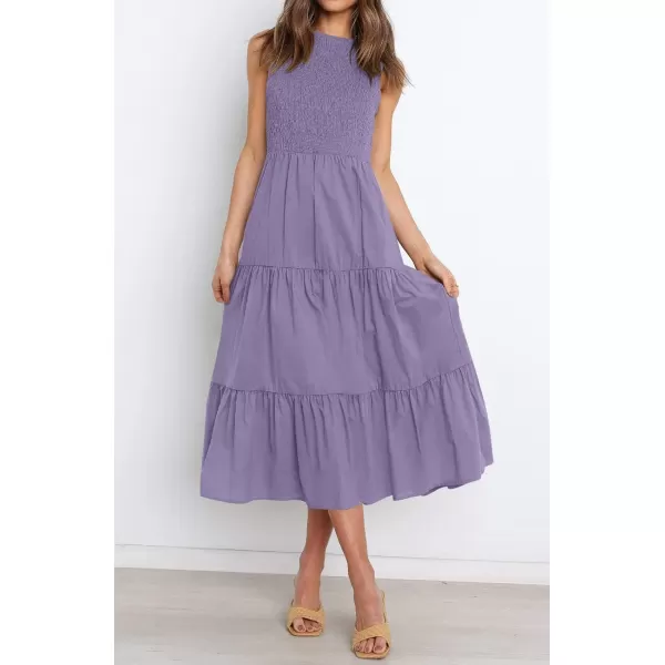imageZESICA Womens 2024 Summer Casual Sleeveless Crew Neck Smocked High Waist Flowy Tiered A Line Midi DressPurple