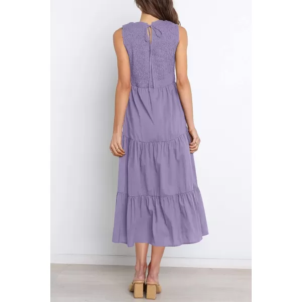 imageZESICA Womens 2024 Summer Casual Sleeveless Crew Neck Smocked High Waist Flowy Tiered A Line Midi DressPurple