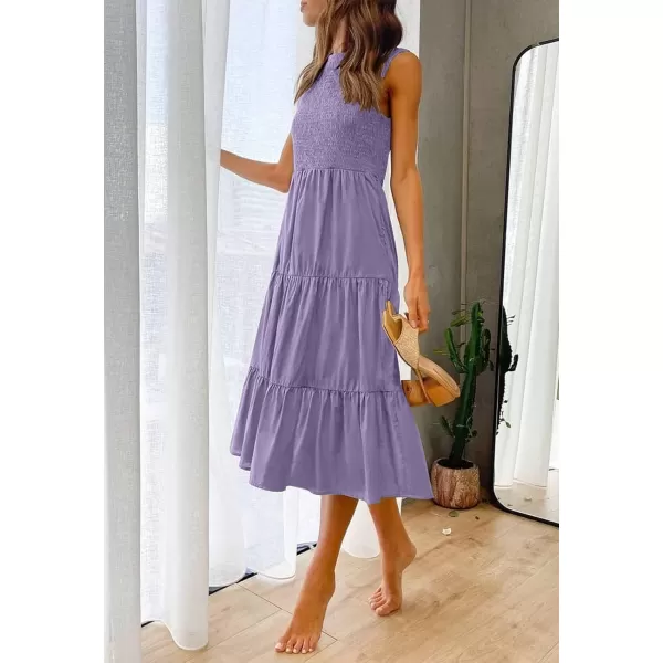 imageZESICA Womens 2024 Summer Casual Sleeveless Crew Neck Smocked High Waist Flowy Tiered A Line Midi DressPurple