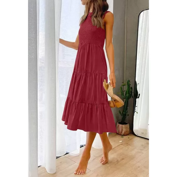 imageZESICA Womens 2024 Summer Casual Sleeveless Crew Neck Smocked High Waist Flowy Tiered A Line Midi DressRed