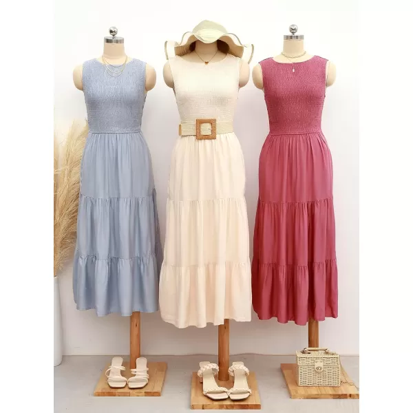 imageZESICA Womens 2024 Summer Casual Sleeveless Crew Neck Smocked High Waist Flowy Tiered A Line Midi DressRed