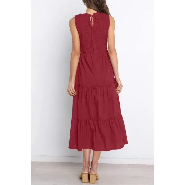 imageZESICA Womens 2024 Summer Casual Sleeveless Crew Neck Smocked High Waist Flowy Tiered A Line Midi DressRed