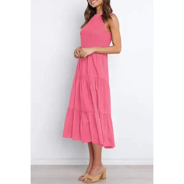 imageZESICA Womens 2024 Summer Casual Sleeveless Crew Neck Smocked High Waist Flowy Tiered A Line Midi DressRose