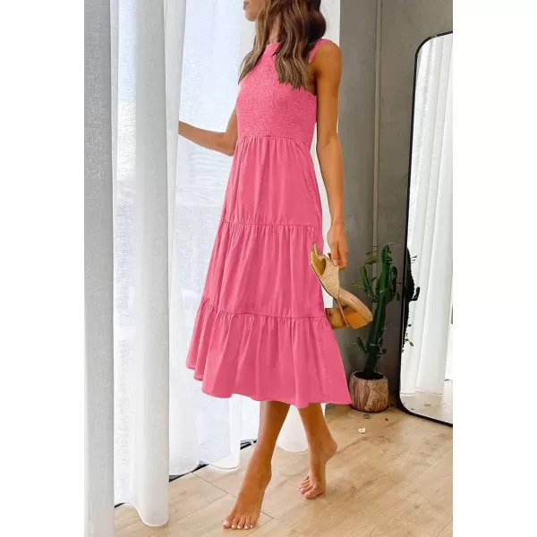 imageZESICA Womens 2024 Summer Casual Sleeveless Crew Neck Smocked High Waist Flowy Tiered A Line Midi DressRose