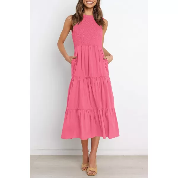 imageZESICA Womens 2024 Summer Casual Sleeveless Crew Neck Smocked High Waist Flowy Tiered A Line Midi DressRose