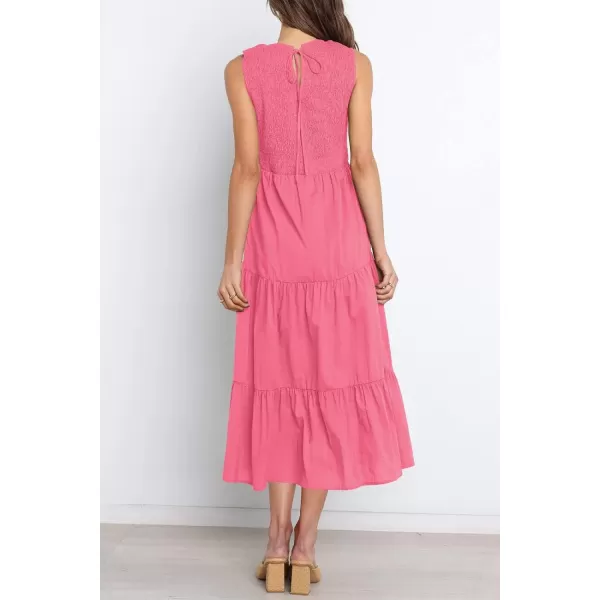 imageZESICA Womens 2024 Summer Casual Sleeveless Crew Neck Smocked High Waist Flowy Tiered A Line Midi DressRose