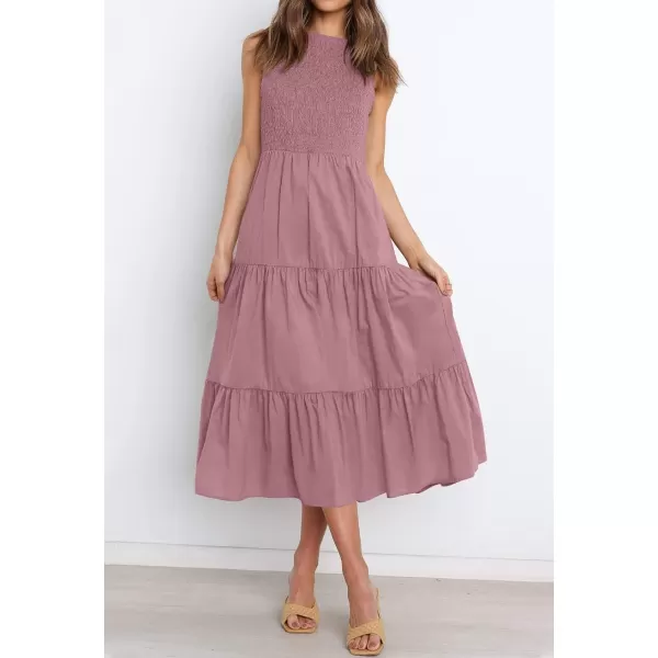 imageZESICA Womens 2024 Summer Casual Sleeveless Crew Neck Smocked High Waist Flowy Tiered A Line Midi DressRosypink