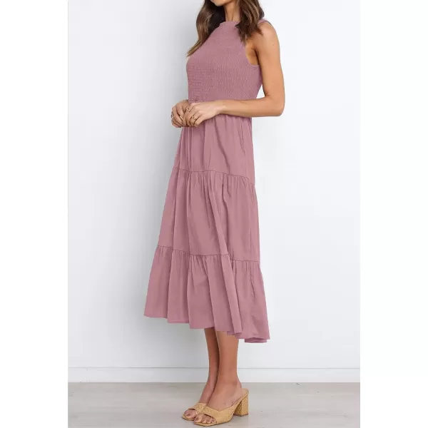 imageZESICA Womens 2024 Summer Casual Sleeveless Crew Neck Smocked High Waist Flowy Tiered A Line Midi DressRosypink