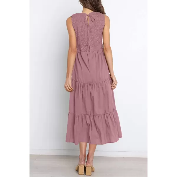 imageZESICA Womens 2024 Summer Casual Sleeveless Crew Neck Smocked High Waist Flowy Tiered A Line Midi DressRosypink