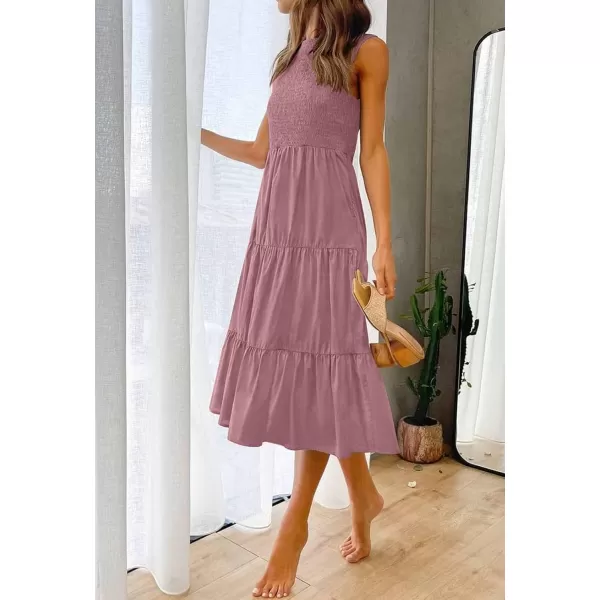 imageZESICA Womens 2024 Summer Casual Sleeveless Crew Neck Smocked High Waist Flowy Tiered A Line Midi DressRosypink
