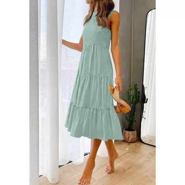 imageZESICA Womens 2024 Summer Casual Sleeveless Crew Neck Smocked High Waist Flowy Tiered A Line Midi DressSage