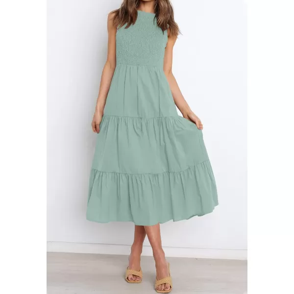 imageZESICA Womens 2024 Summer Casual Sleeveless Crew Neck Smocked High Waist Flowy Tiered A Line Midi DressSage