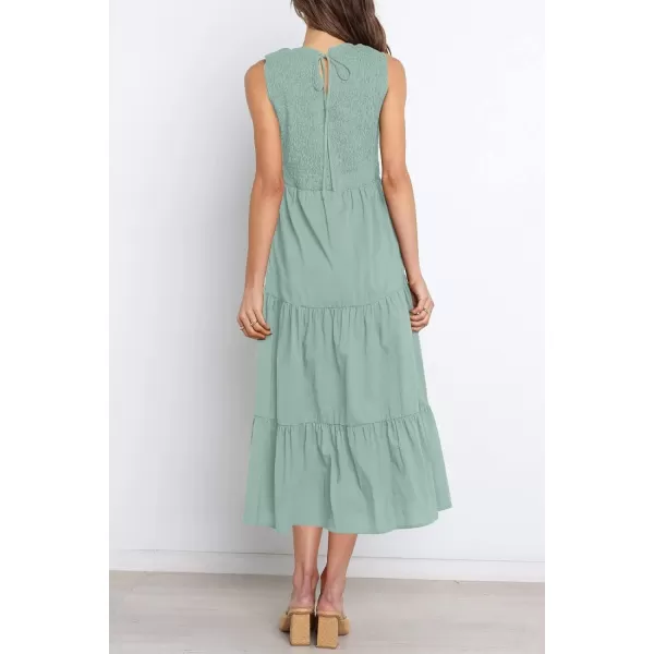 imageZESICA Womens 2024 Summer Casual Sleeveless Crew Neck Smocked High Waist Flowy Tiered A Line Midi DressSage