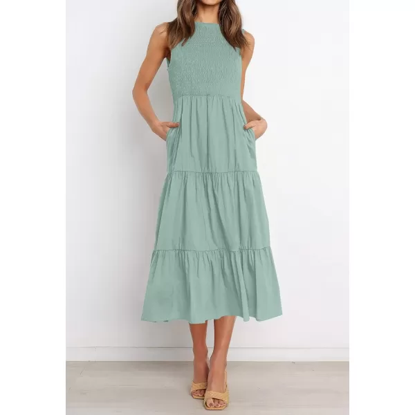imageZESICA Womens 2024 Summer Casual Sleeveless Crew Neck Smocked High Waist Flowy Tiered A Line Midi DressSage