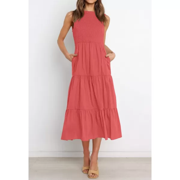 imageZESICA Womens 2024 Summer Casual Sleeveless Crew Neck Smocked High Waist Flowy Tiered A Line Midi DressWatermelon