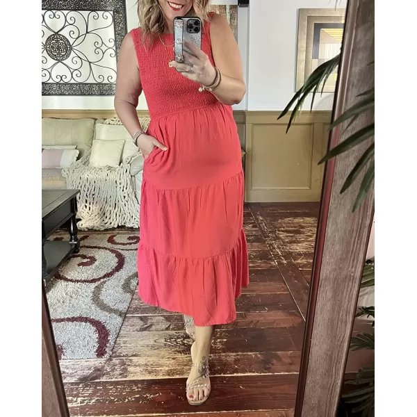 imageZESICA Womens 2024 Summer Casual Sleeveless Crew Neck Smocked High Waist Flowy Tiered A Line Midi DressWatermelon