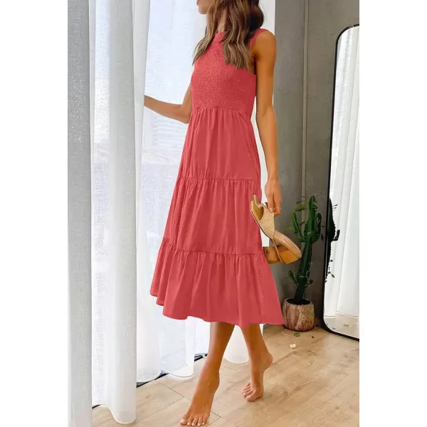 imageZESICA Womens 2024 Summer Casual Sleeveless Crew Neck Smocked High Waist Flowy Tiered A Line Midi DressWatermelon