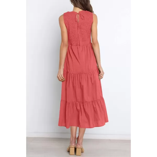 imageZESICA Womens 2024 Summer Casual Sleeveless Crew Neck Smocked High Waist Flowy Tiered A Line Midi DressWatermelon
