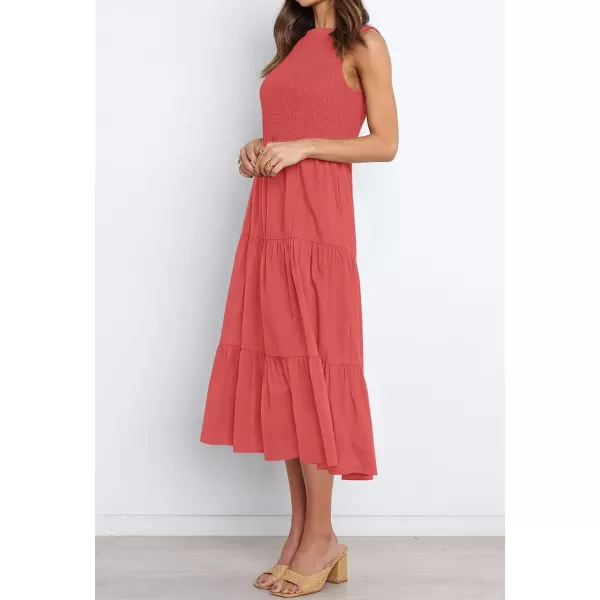 imageZESICA Womens 2024 Summer Casual Sleeveless Crew Neck Smocked High Waist Flowy Tiered A Line Midi DressWatermelon