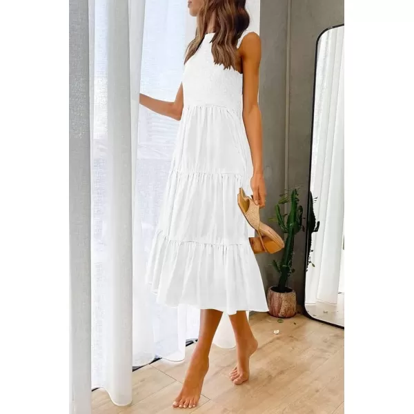 imageZESICA Womens 2024 Summer Casual Sleeveless Crew Neck Smocked High Waist Flowy Tiered A Line Midi DressWhite