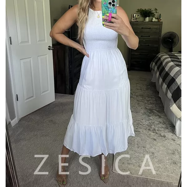 imageZESICA Womens 2024 Summer Casual Sleeveless Crew Neck Smocked High Waist Flowy Tiered A Line Midi DressWhite