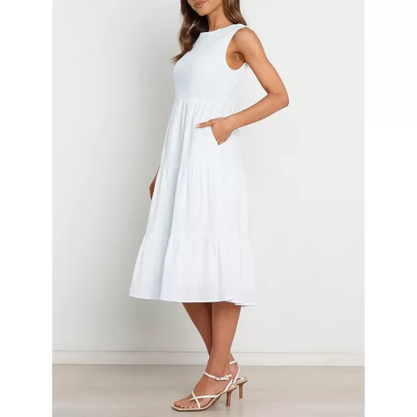 imageZESICA Womens 2024 Summer Casual Sleeveless Crew Neck Smocked High Waist Flowy Tiered A Line Midi DressWhite