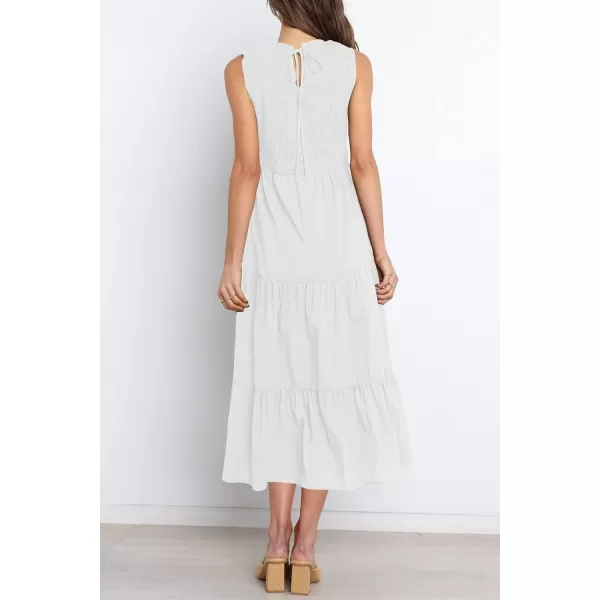 imageZESICA Womens 2024 Summer Casual Sleeveless Crew Neck Smocked High Waist Flowy Tiered A Line Midi DressWhite