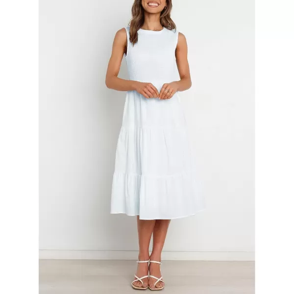 imageZESICA Womens 2024 Summer Casual Sleeveless Crew Neck Smocked High Waist Flowy Tiered A Line Midi DressWhite