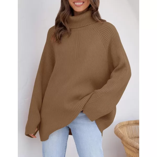 imageZESICA Womens 2024 Winter Sweaters Oversized Turtleneck Long Sleeve Chunky Knitted Pullover Sweater Jumper TopsBrown