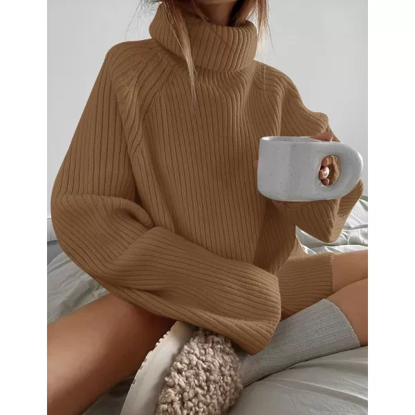 imageZESICA Womens 2024 Winter Sweaters Oversized Turtleneck Long Sleeve Chunky Knitted Pullover Sweater Jumper TopsBrown